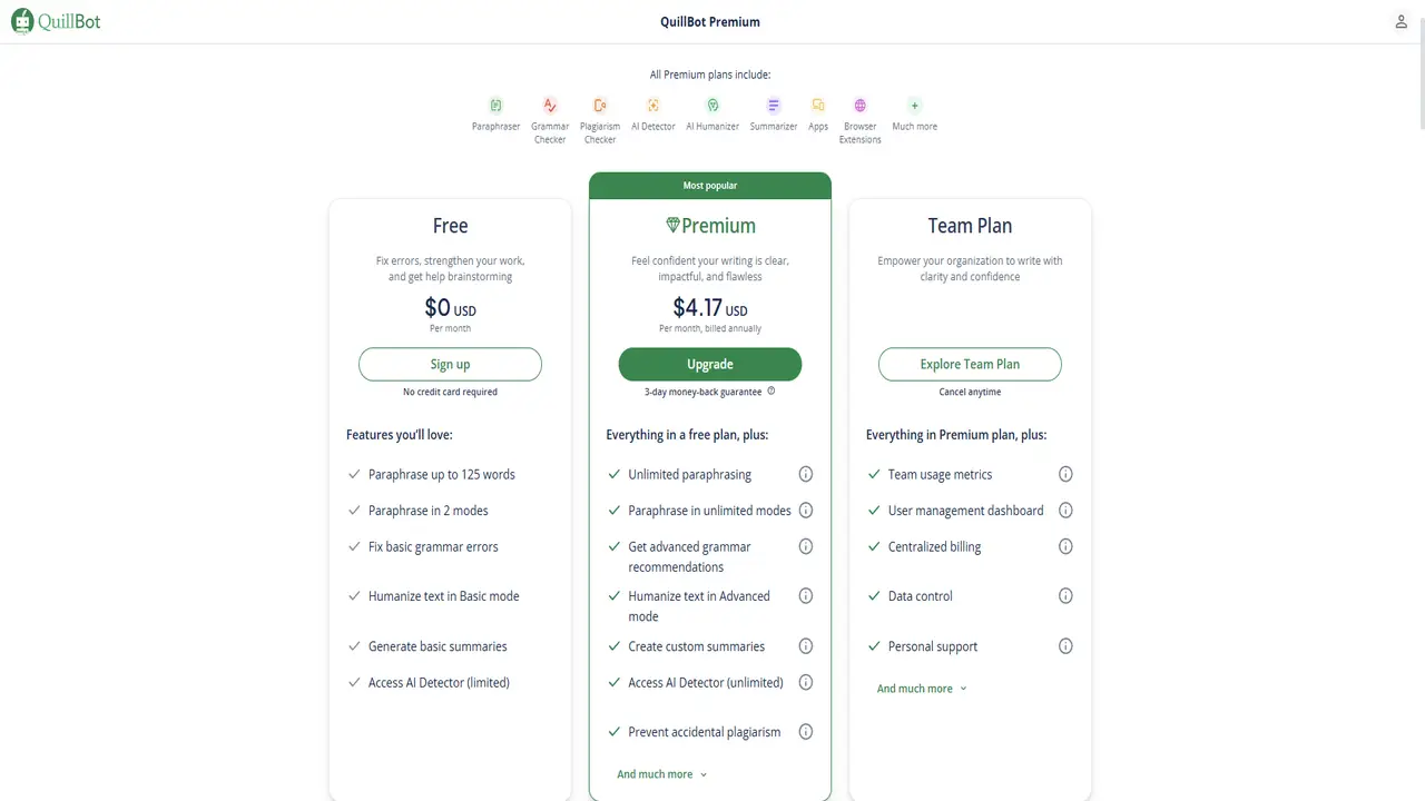 quillbot pricing plans