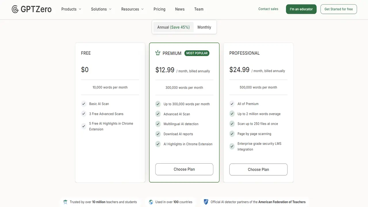 gptzero pricing and subscription plans
