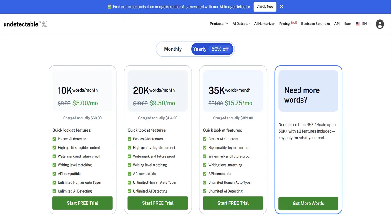undetectable ai yearly pricing plans
